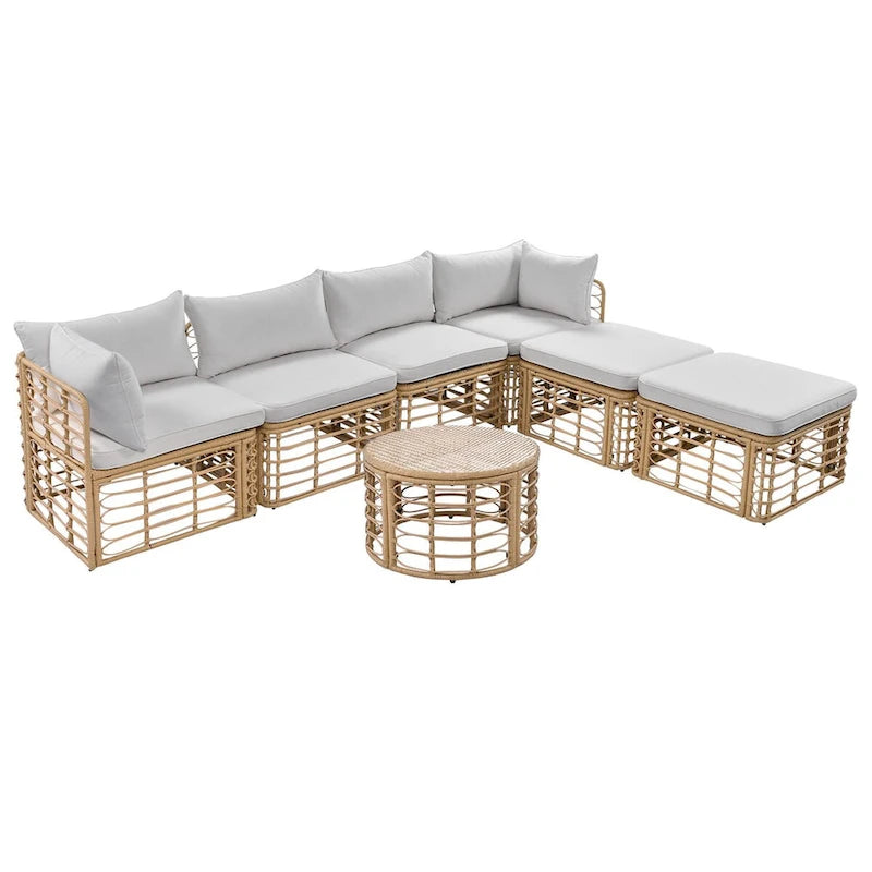 7 Pieces Outdoor Patio Furniture, All-Weather Rattan Sectional Sofa Set with Thick Cushions and Pillows, Conversation Sets