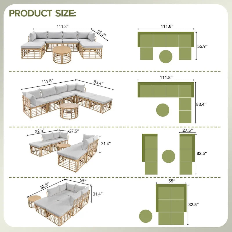 7 Pieces Outdoor Patio Furniture, All-Weather Rattan Sectional Sofa Set with Thick Cushions and Pillows, Conversation Sets