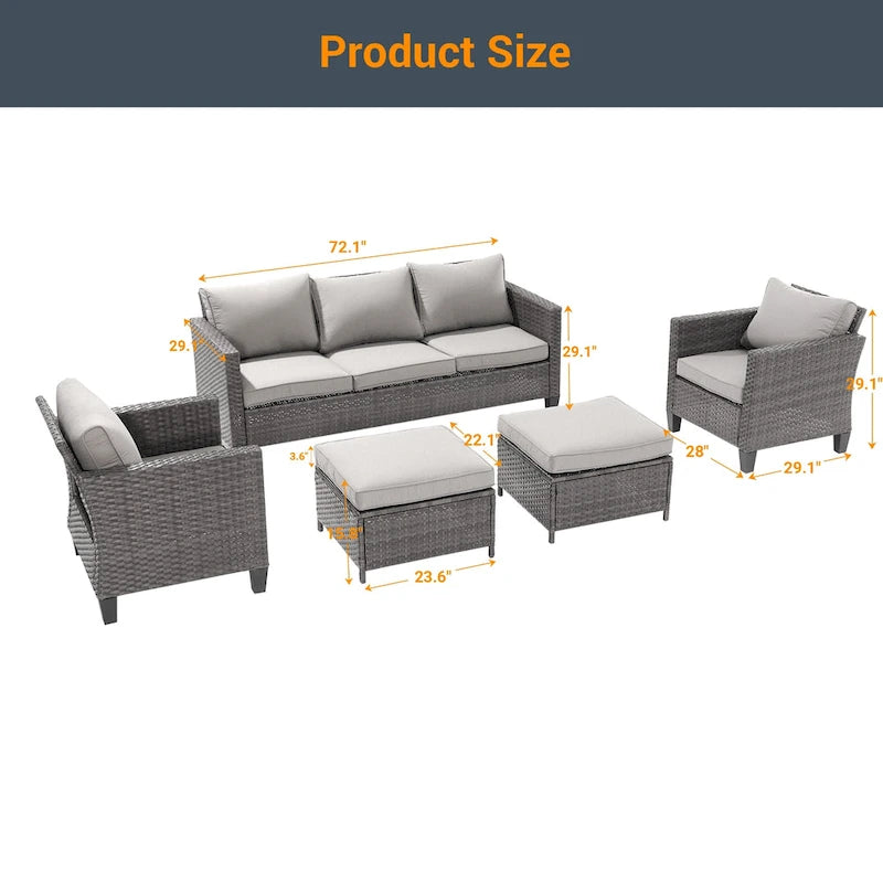 LIVOOSUN 5Pcs Patio Furniture Set Grey Rattan Coversation Seating Set