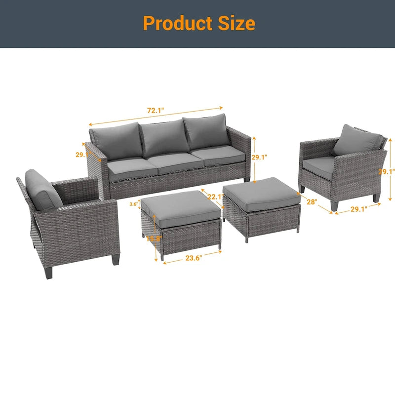 LIVOOSUN 5Pcs Patio Furniture Set Grey Rattan Coversation Seating Set