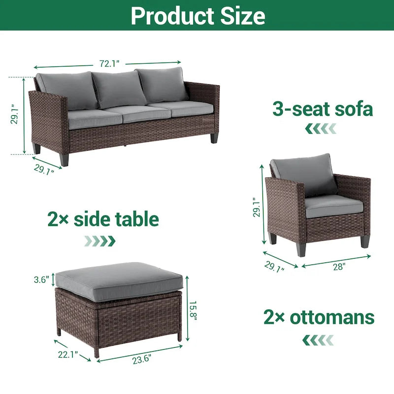 LIVOOSUN 5Pcs Patio Furniture Set Grey Rattan Coversation Seating Set