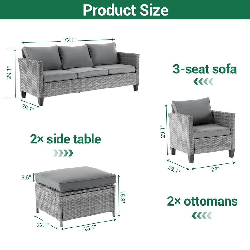 LIVOOSUN 5Pcs Patio Furniture Set Grey Rattan Coversation Seating Set