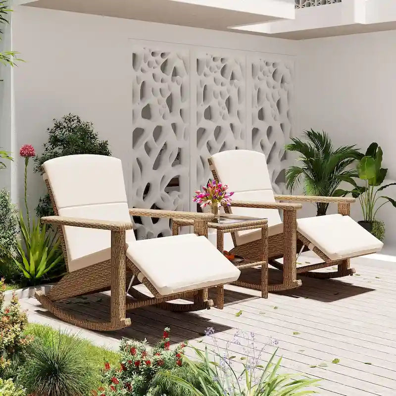 Adjustable Outdoor Wicker Double Rocking Chair Lounges with Coffee Table for Backyard, Garden, Poolside