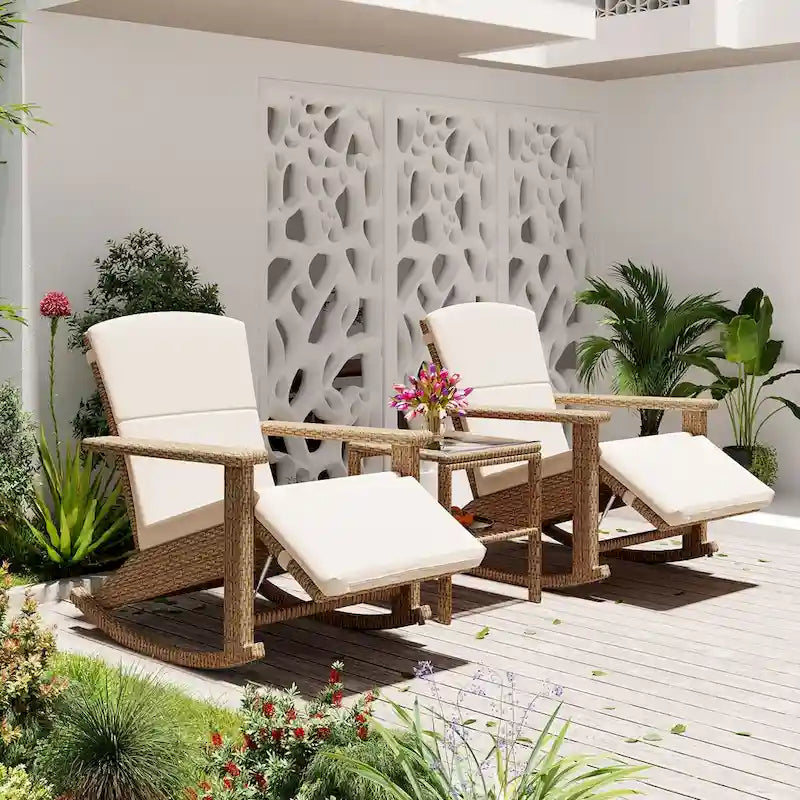 Adjustable Outdoor Wicker Double Rocking Chair Lounges with Coffee Table for Backyard, Garden, Poolside