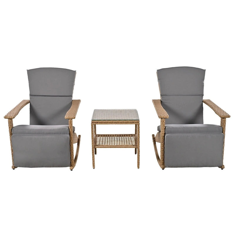Adjustable Outdoor Wicker Double Rocking Chair Lounges with Coffee Table for Backyard, Garden, Poolside