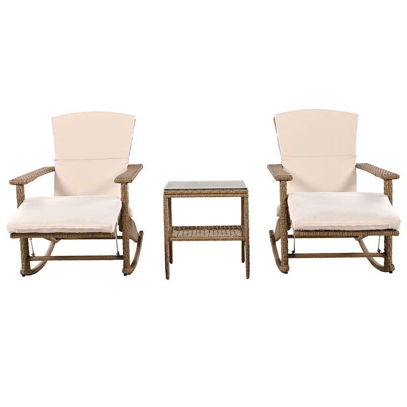 Adjustable Outdoor Wicker Double Rocking Chair Lounges with Coffee Table for Backyard, Garden, Poolside