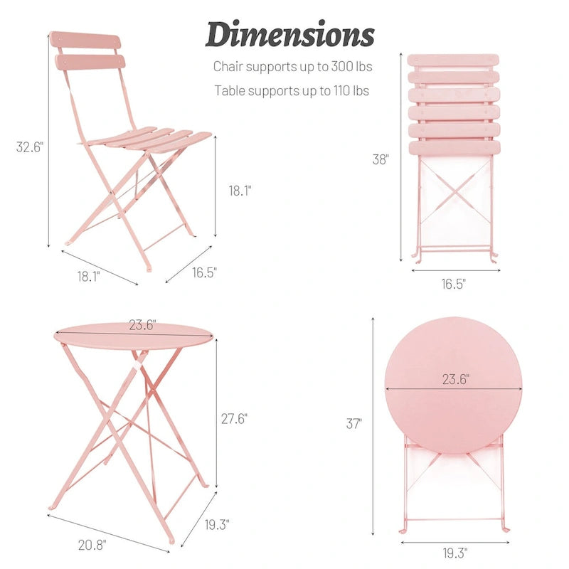 3 Pieces Patio Bistro Balcony Metail Chair Table Set