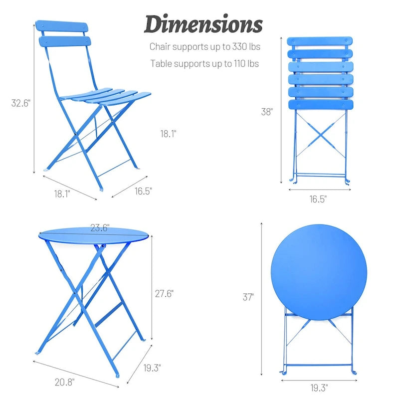 3 Pieces Patio Bistro Balcony Metail Chair Table Set