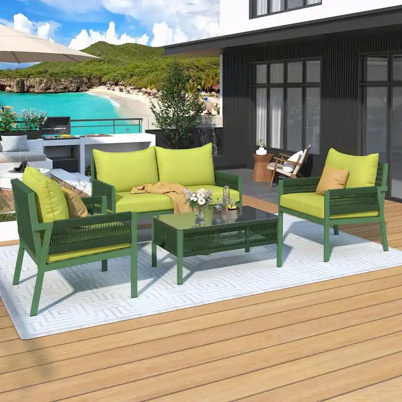 4-Piece Patio Furniture Set: Outdoor Seating with Tempered Glass Table, Thick Cushions