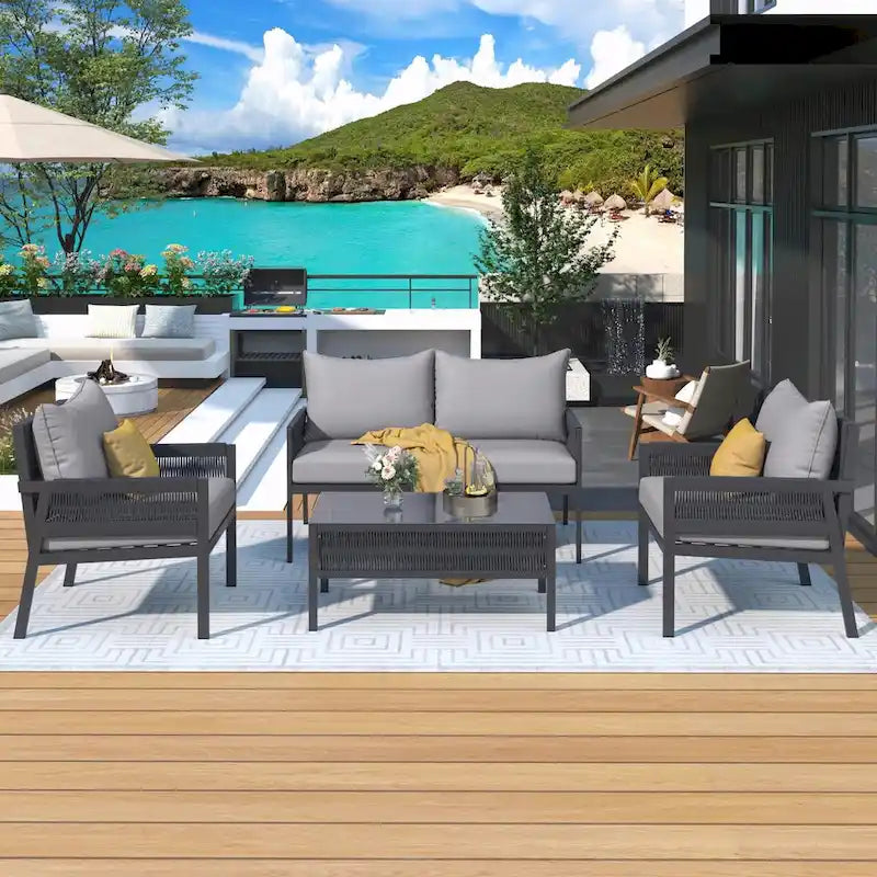 4-Piece Patio Furniture Set: Outdoor Seating with Tempered Glass Table, Thick Cushions