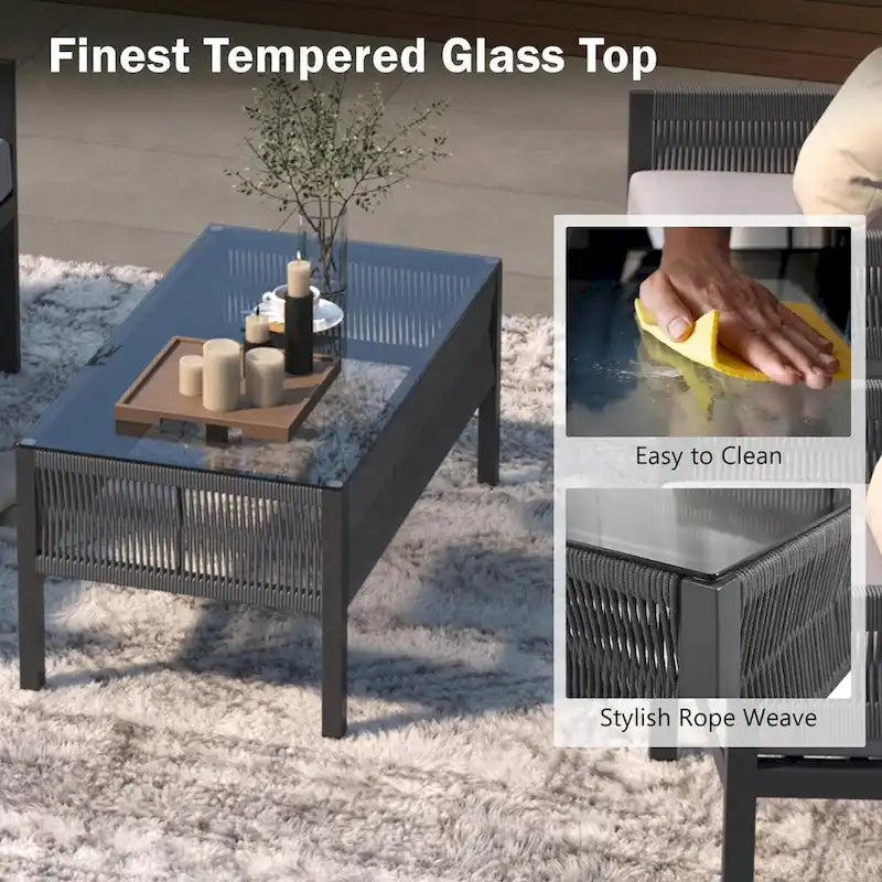 4-Piece Patio Furniture Set: Outdoor Seating with Tempered Glass Table, Thick Cushions