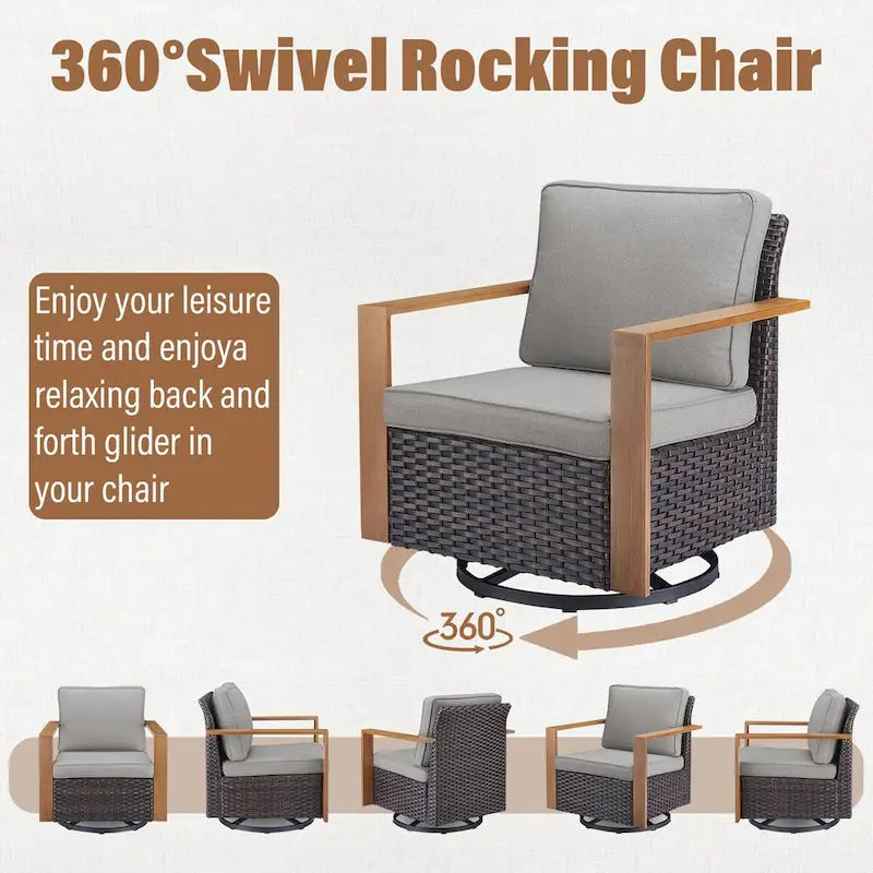 Gymojoy Outdoor Wicker Rattan Swivel Chair with Ottomans - Brown