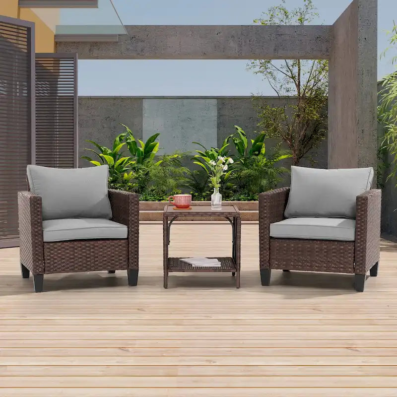LIVOOSUN 3-Piece Patio Sofa Set Brown Rattan Outdoor Chair with Side Table