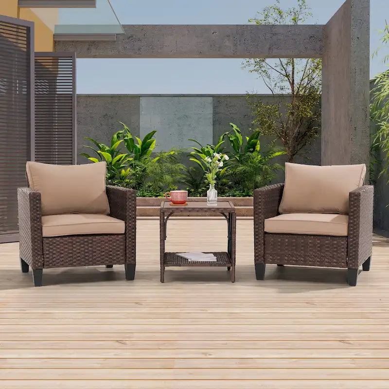 LIVOOSUN 3-Piece Patio Sofa Set Brown Rattan Outdoor Chair with Side Table