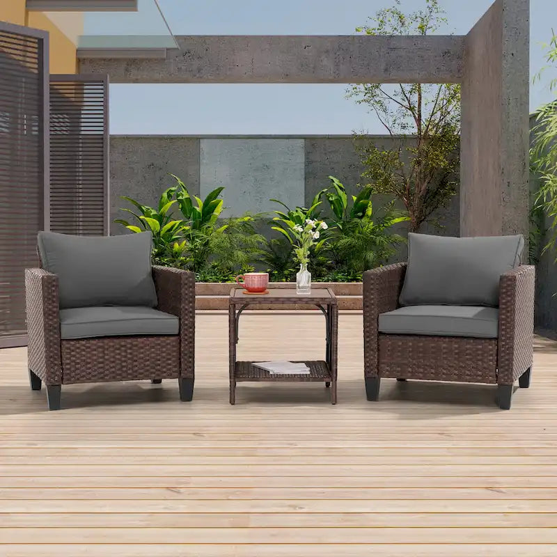 LIVOOSUN 3-Piece Patio Sofa Set Brown Rattan Outdoor Chair with Side Table