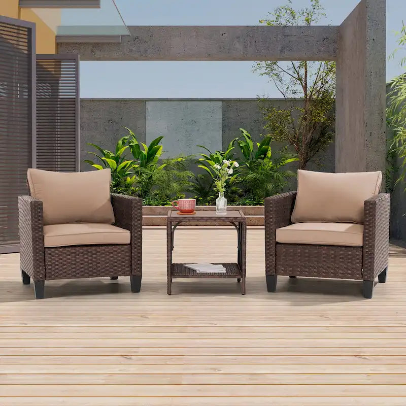 LIVOOSUN 3-Piece Patio Sofa Set Brown Rattan Outdoor Chair with Side Table