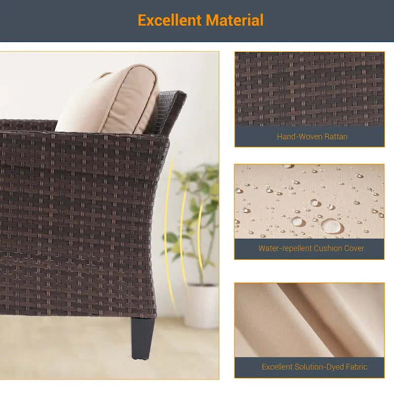 LIVOOSUN 3-Piece Patio Sofa Set Brown Rattan Outdoor Chair with Side Table