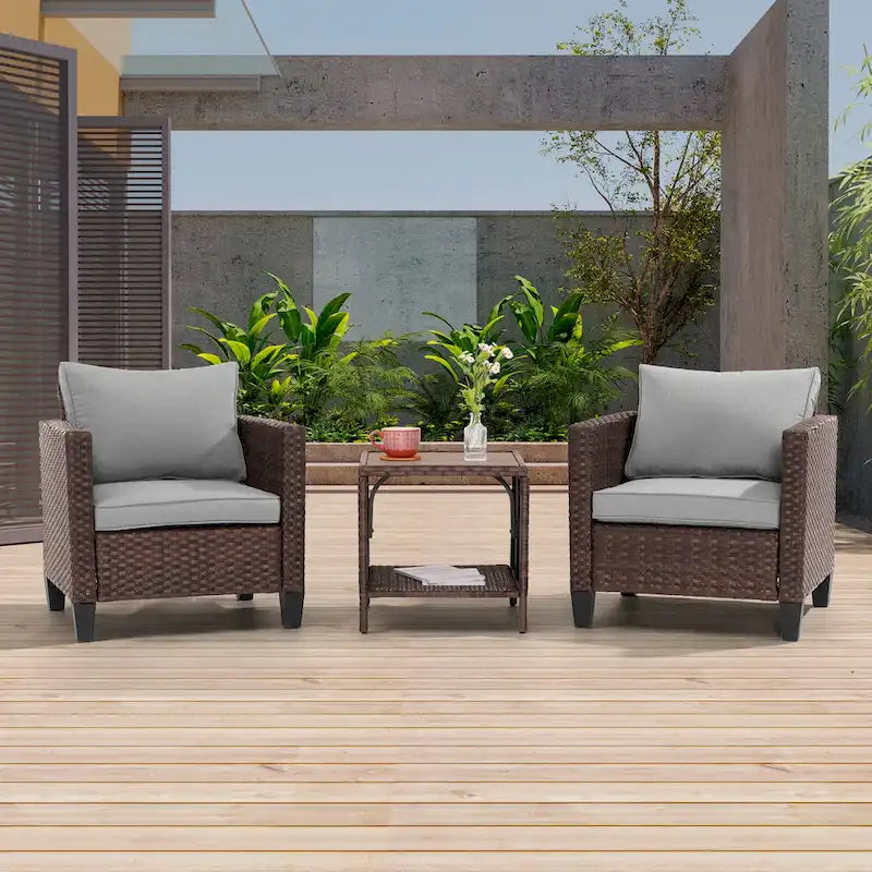 LIVOOSUN 3-Piece Patio Sofa Set Brown Rattan Outdoor Chair with Side Table