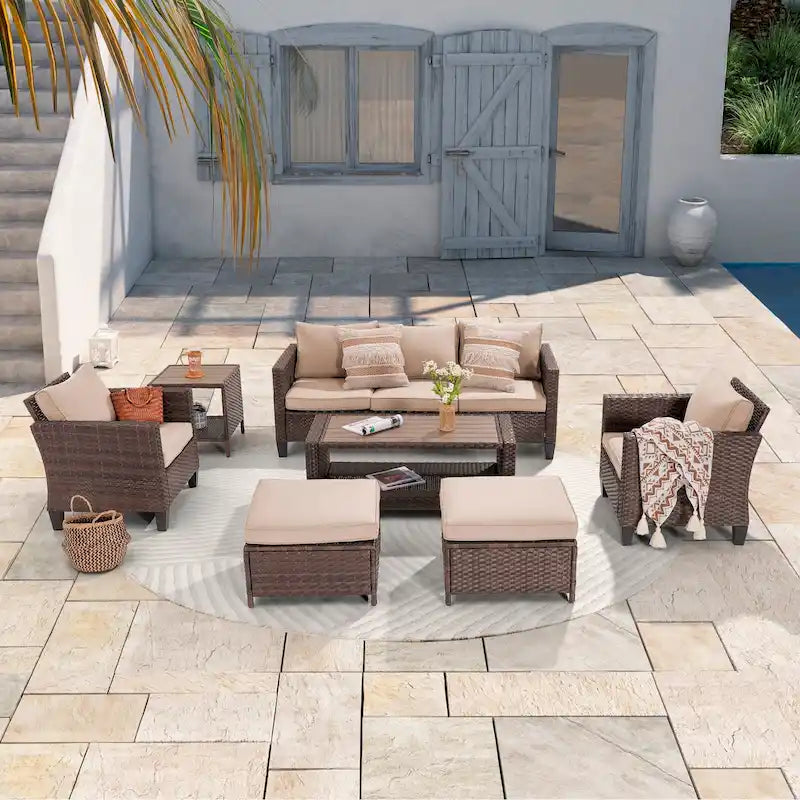 LIVOOSUN Outdoor 7Pcs Furniture Conversation Brown Rattan Sofa Set w/2 Tables