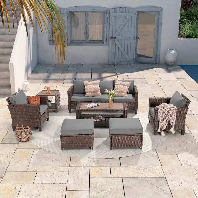 LIVOOSUN Outdoor 7Pcs Furniture Conversation Brown Rattan Sofa Set w/2 Tables