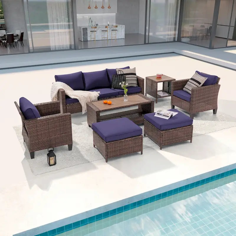LIVOOSUN Outdoor 7Pcs Furniture Conversation Brown Rattan Sofa Set w/2 Tables
