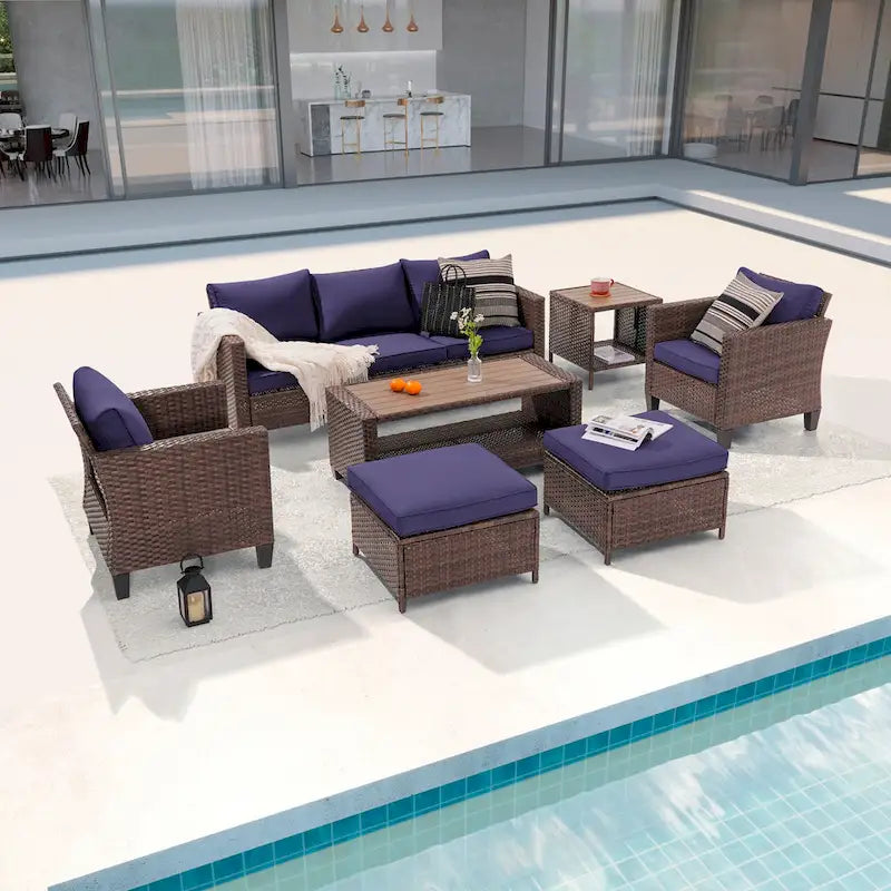 LIVOOSUN Outdoor 7Pcs Furniture Conversation Brown Rattan Sofa Set w/2 Tables
