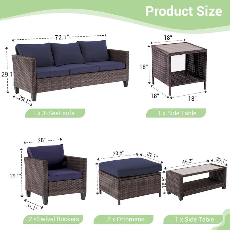 LIVOOSUN Outdoor 7Pcs Furniture Conversation Brown Rattan Sofa Set w/2 Tables