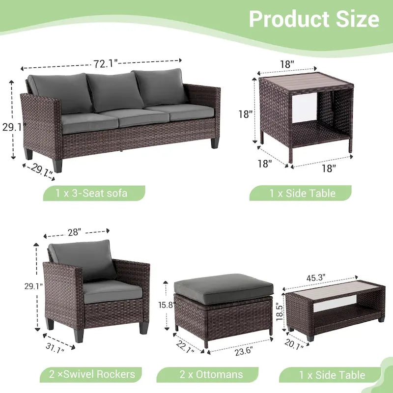 LIVOOSUN Outdoor 7Pcs Furniture Conversation Brown Rattan Sofa Set w/2 Tables