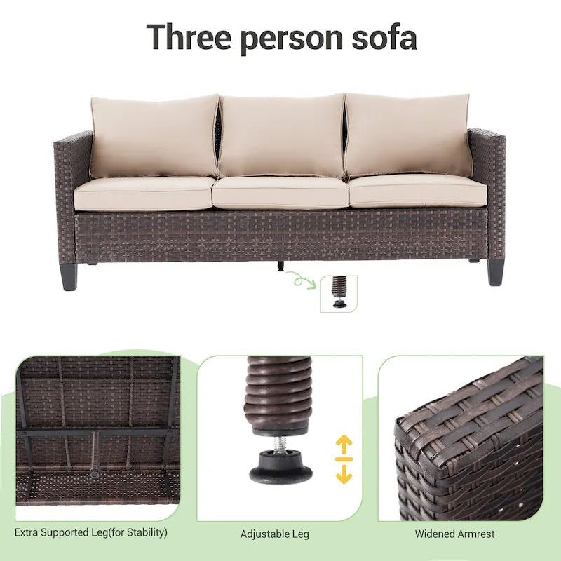 LIVOOSUN Outdoor 7Pcs Furniture Conversation Brown Rattan Sofa Set w/2 Tables
