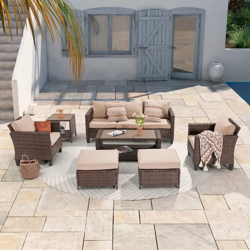 LIVOOSUN Outdoor 7Pcs Furniture Conversation Brown Rattan Sofa Set w/2 Tables