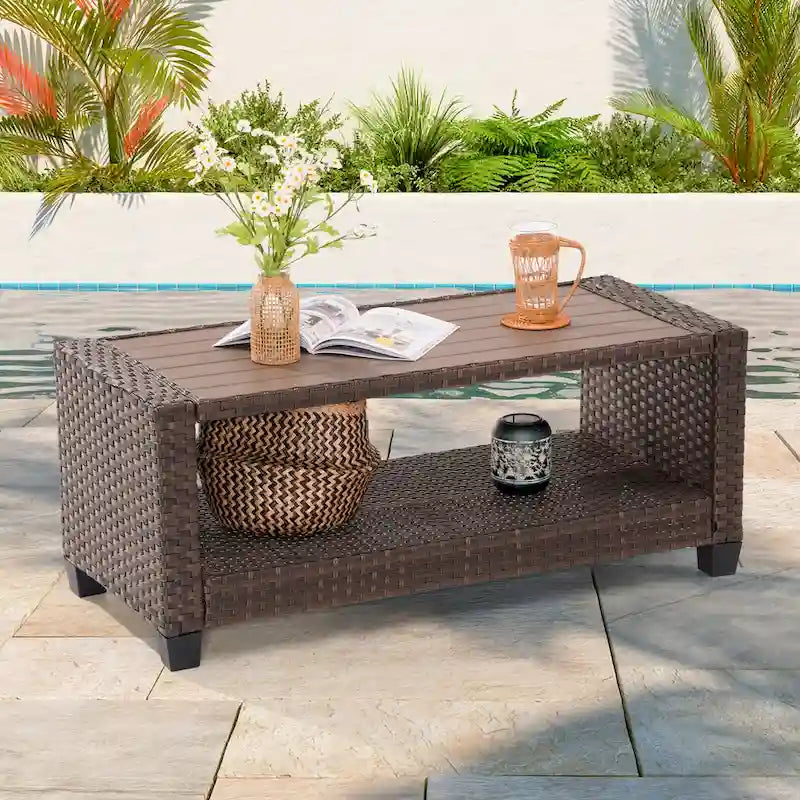 LIVOOSUN Outdoor 7Pcs Furniture Conversation Brown Rattan Sofa Set w/2 Tables