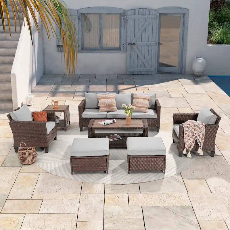 LIVOOSUN Outdoor 7Pcs Furniture Conversation Brown Rattan Sofa Set w/2 Tables
