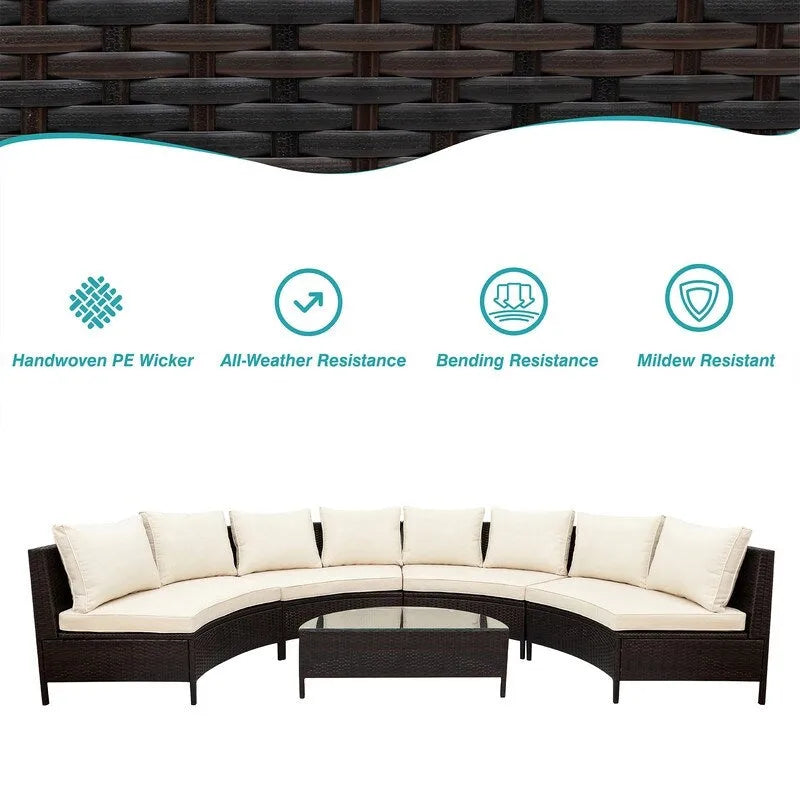 5 Pieces Patio Half-Moon Sofa Set with Tempered Glass Table