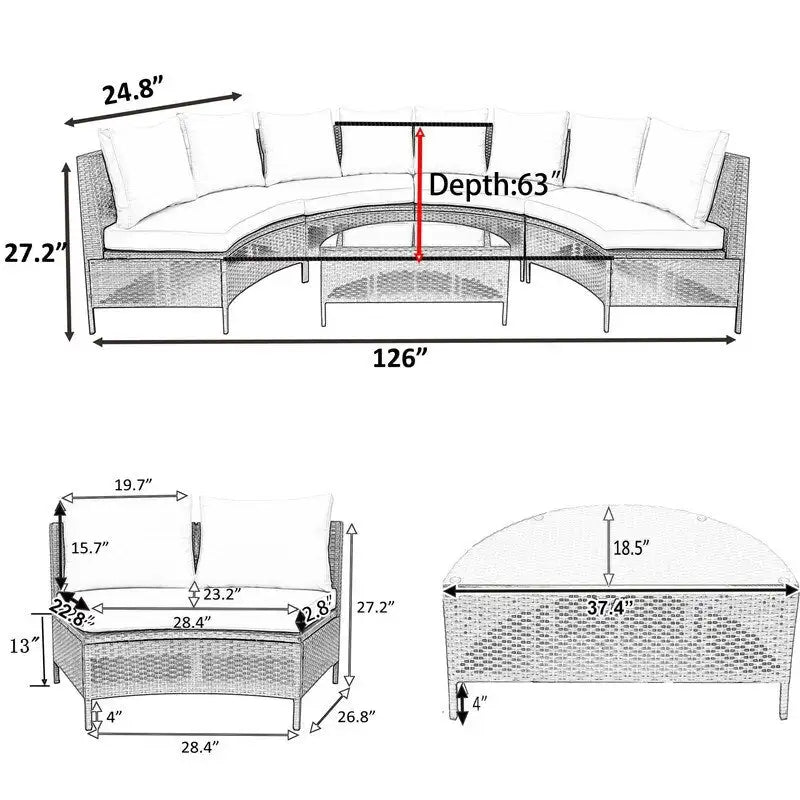 5 Pieces Patio Half-Moon Sofa Set with Tempered Glass Table