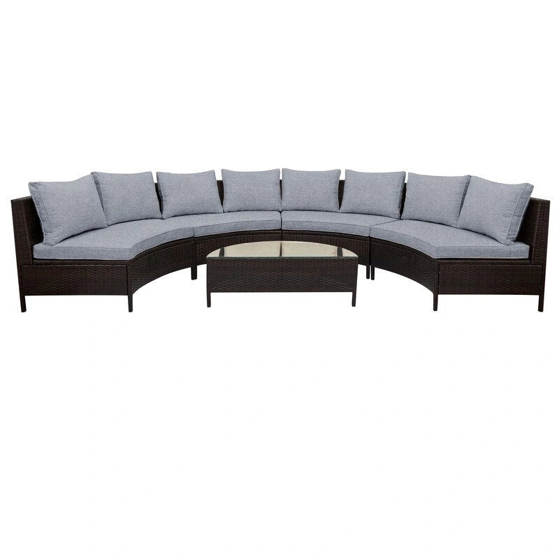 5 Pieces Patio Half-Moon Sofa Set with Tempered Glass Table