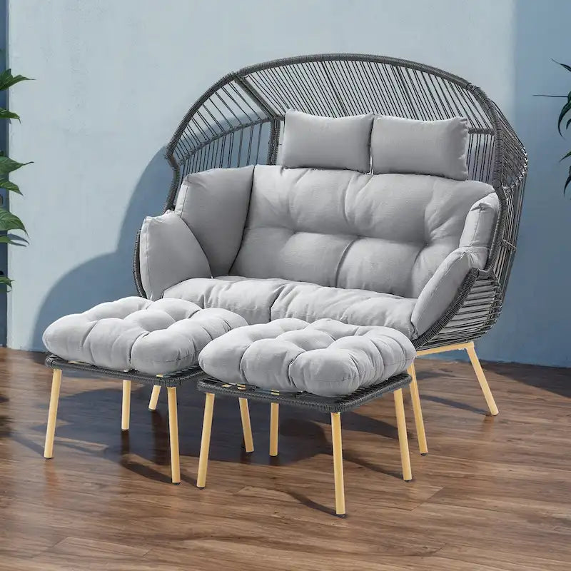 2-Seat Wicker Double Egg Chair with 2 Ottoman - Yellow
