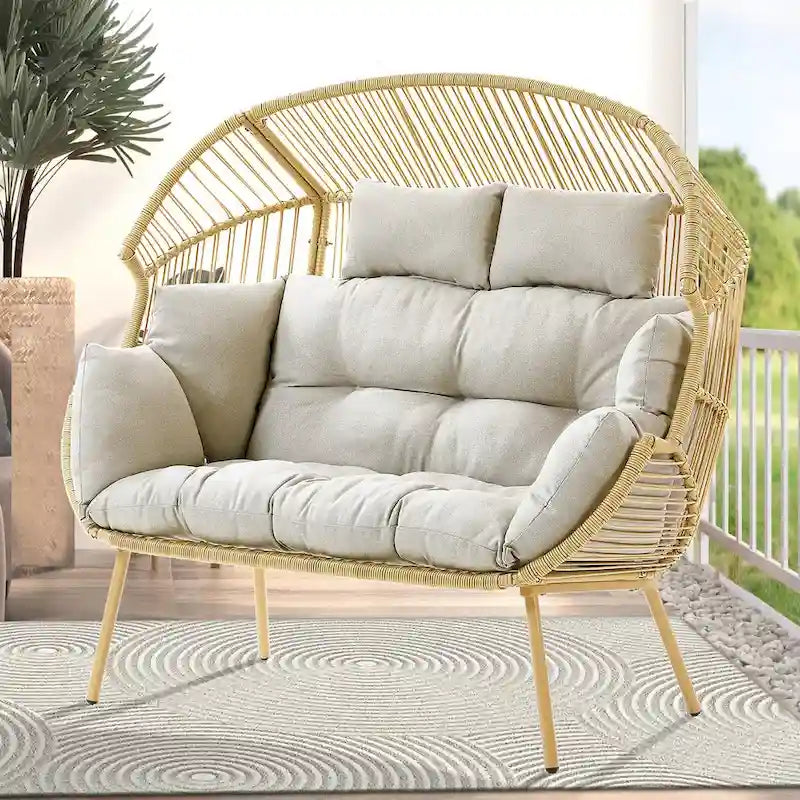 2-Seat Wicker Double Egg Chair with 2 Ottoman - Yellow