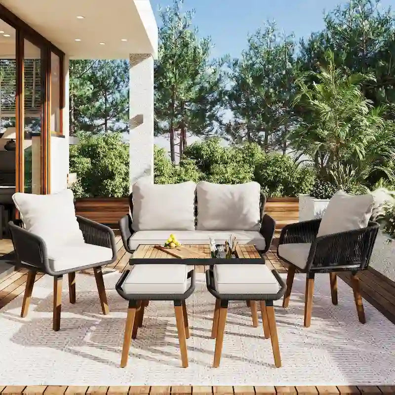 6-Piece Rope Patio Conversation Set with 2 in. 1 Wood Cool Bar Table and Cushions