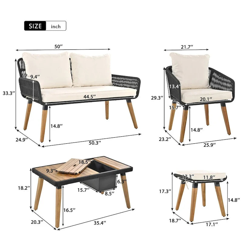 6-Piece Rope Patio Conversation Set with 2 in. 1 Wood Cool Bar Table and Cushions