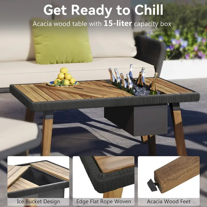 6-Piece Rope Patio Conversation Set with 2 in. 1 Wood Cool Bar Table and Cushions