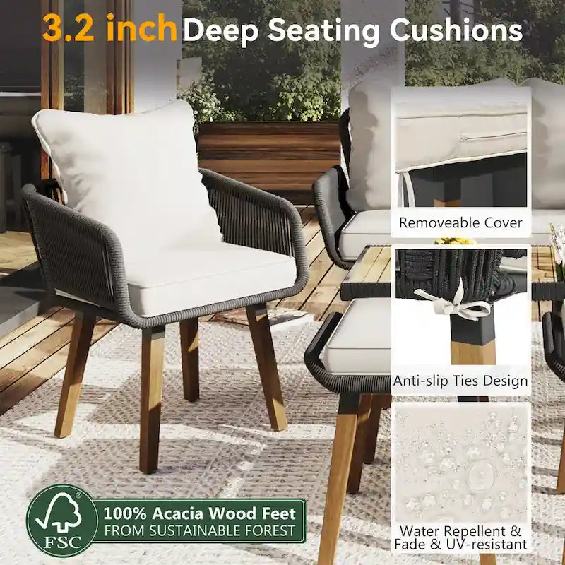 6-Piece Rope Patio Conversation Set with 2 in. 1 Wood Cool Bar Table and Cushions