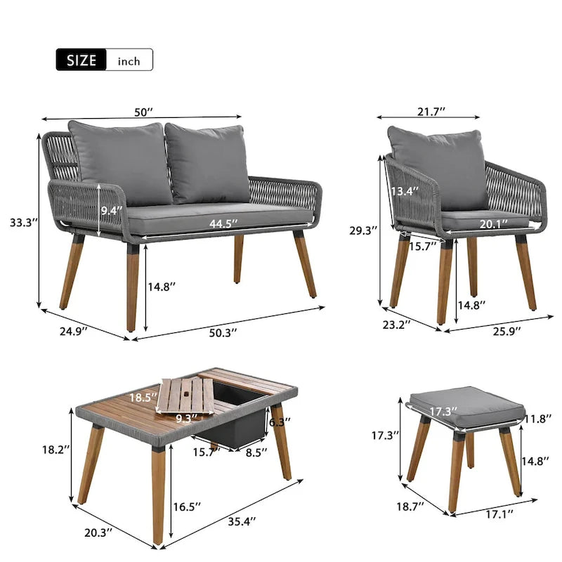 6-Piece Rope Patio Conversation Set with 2 in. 1 Wood Cool Bar Table and Cushions
