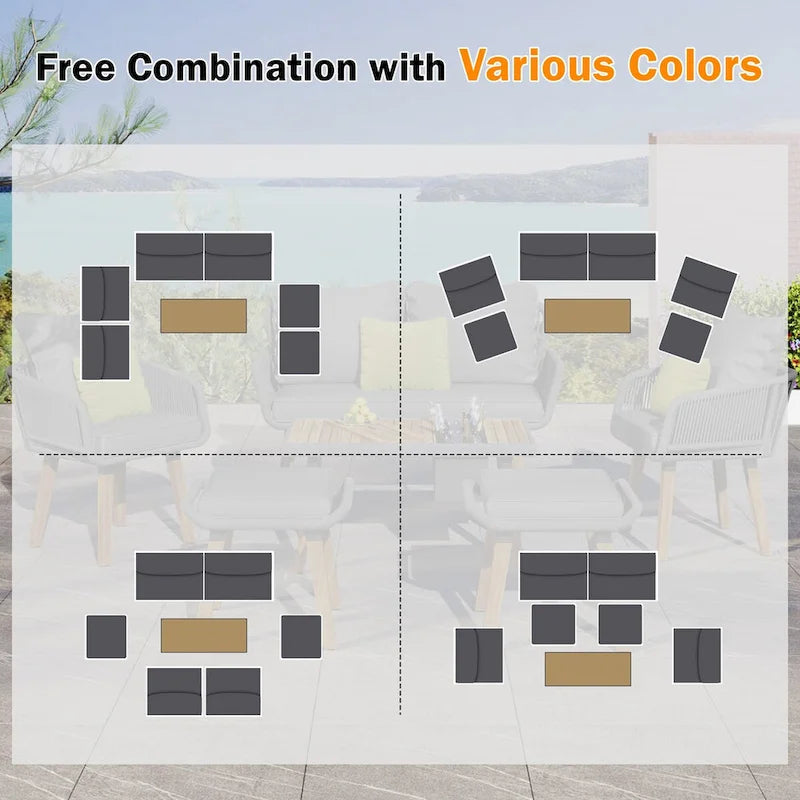 6-Piece Rope Patio Conversation Set with 2 in. 1 Wood Cool Bar Table and Cushions