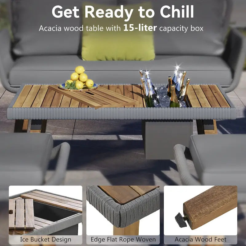 6-Piece Rope Patio Conversation Set with 2 in. 1 Wood Cool Bar Table and Cushions