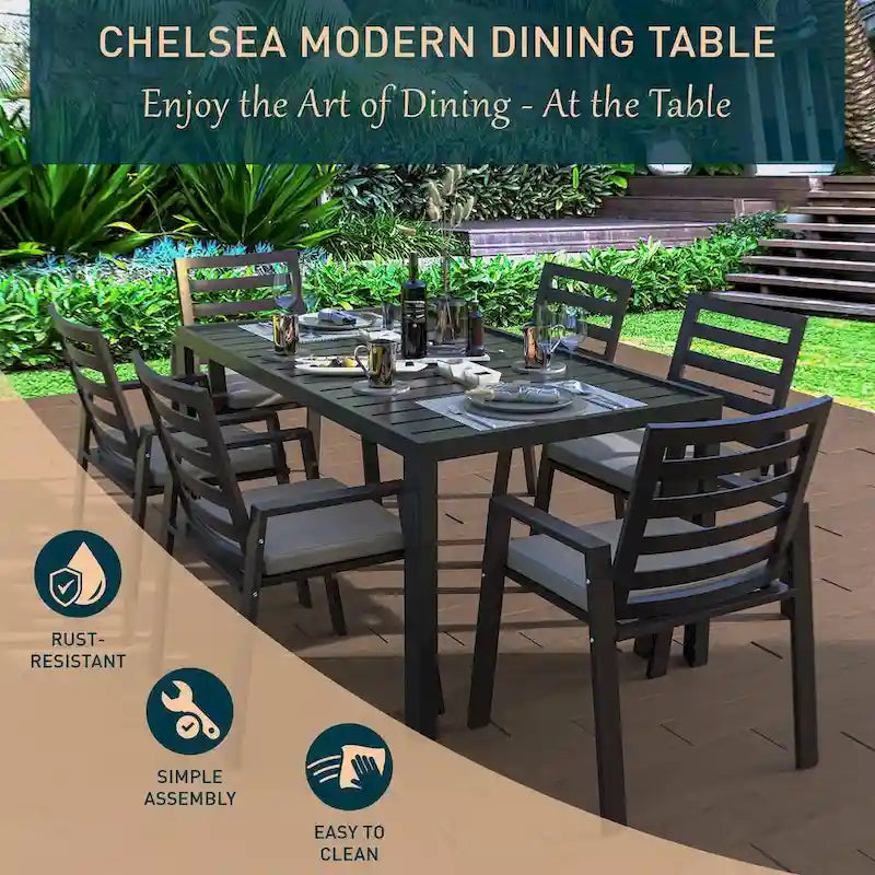LeisureMod Chelsea 63  Rectangular Outdoor Aluminum Family Dining Table, Furniture for Patio Porch Garden Backyard