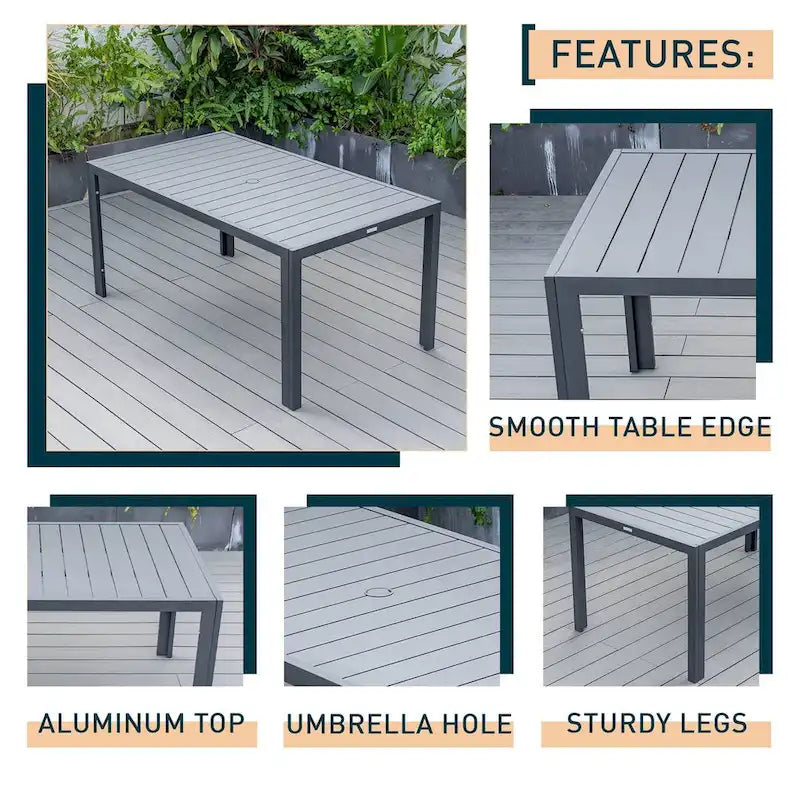LeisureMod Chelsea 63  Rectangular Outdoor Aluminum Family Dining Table, Furniture for Patio Porch Garden Backyard