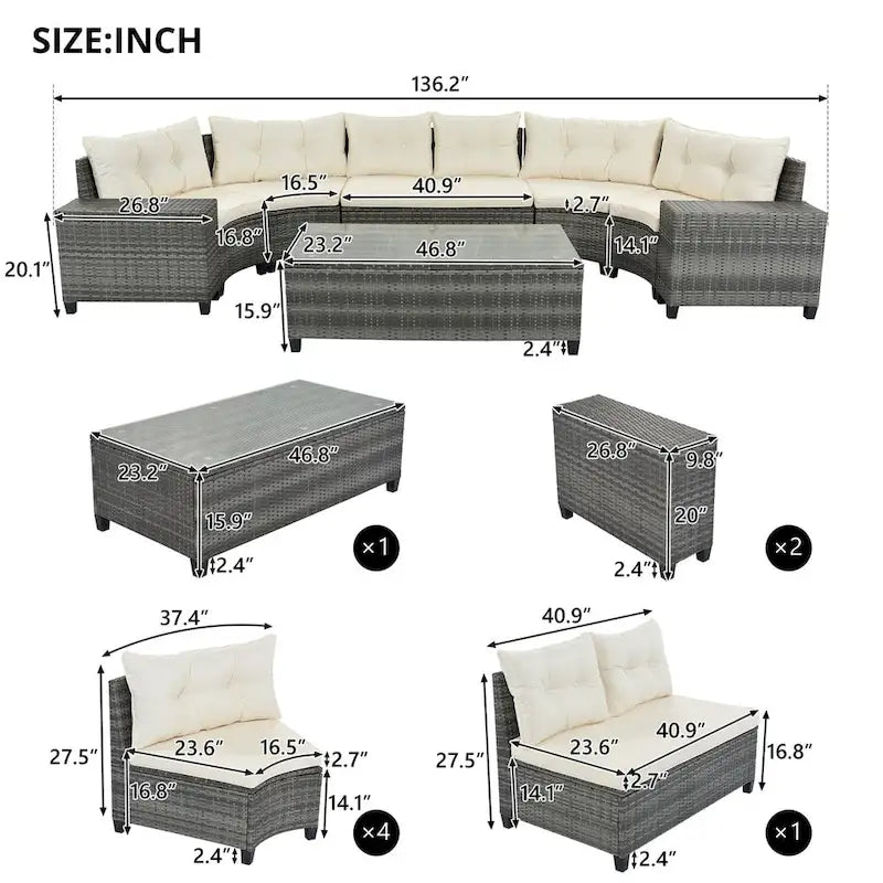 8 Pieces Outdoor Wicker Curved Patio Sectional with Rectangular Coffee Table and Movable Cushions