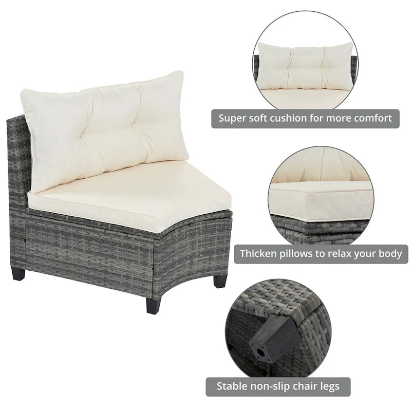 8 Pieces Outdoor Wicker Curved Patio Sectional with Rectangular Coffee Table and Movable Cushions