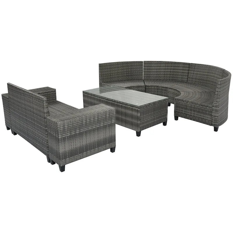8 Pieces Outdoor Wicker Curved Patio Sectional with Rectangular Coffee Table and Movable Cushions