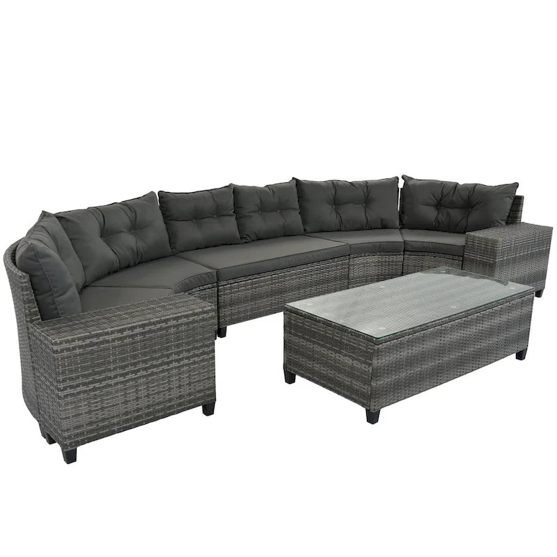 8 Pieces Outdoor Wicker Curved Patio Sectional with Rectangular Coffee Table and Movable Cushions